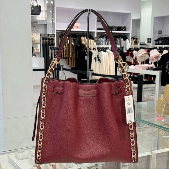 Michael Kors Mina Large Chain Shoulder Pebbled Leather Bag Dark Cherry - Picture 2 of 14